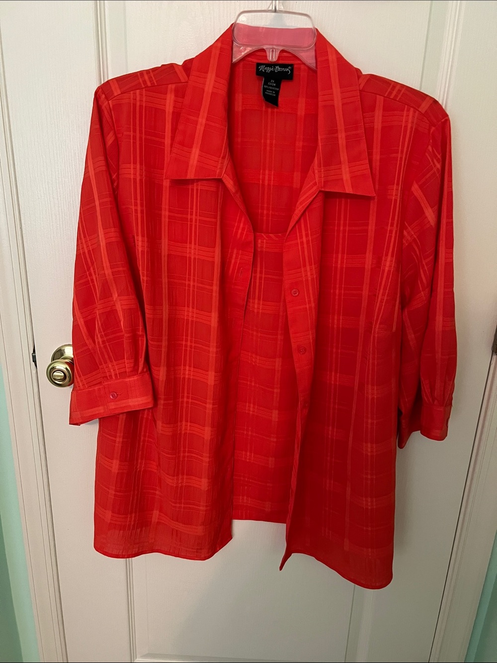 Maggie Barnes Orange Plaid Button-Down Shirt with connected cami.